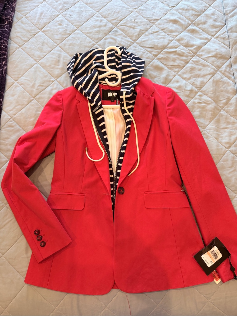 DKNY Red Blazer with Navy-and-White Striped Hooded Lining